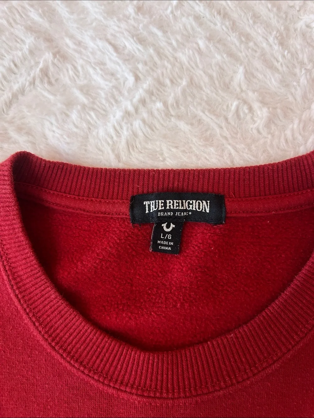 True Religion Red Crewneck Sweatshirt with Black Horseshoe Logo